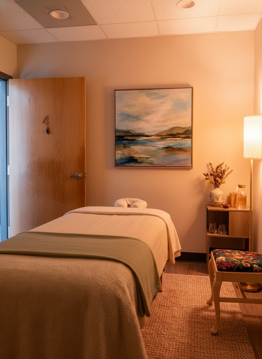 Calm massage therapy room in Otsego, Minnesota with treatment table and serene decor